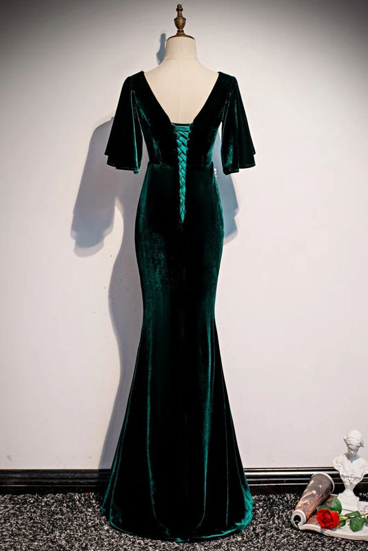 Dark Green Velvet Mermaid Slit V-Neck Formal Dress Party Dress, Long Evening Dresses CHP0058