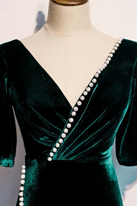 Dark Green Velvet Mermaid Slit V-Neck Formal Dress Party Dress, Long Evening Dresses CHP0058