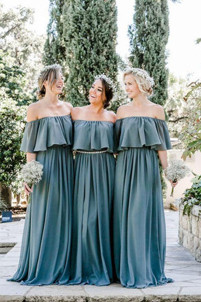 Slate Gray Mismatched Chiffon Off Shoulder Cheap Long Bridesmaid Dresses chb0012