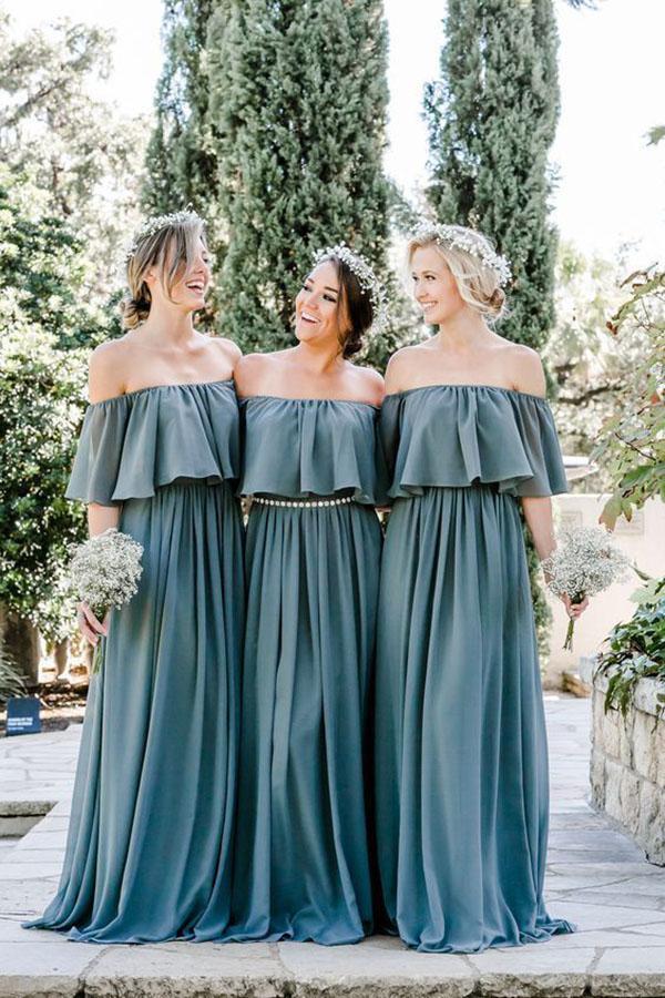 Steel Blue Chiffon Column Off Shoulder Cheap Long Bridesmaid Dresses c cherishgirls Steel Blue Chiffon Column Off Shoulder Cheap Long Bridesmaid Dresses c cherishgirls