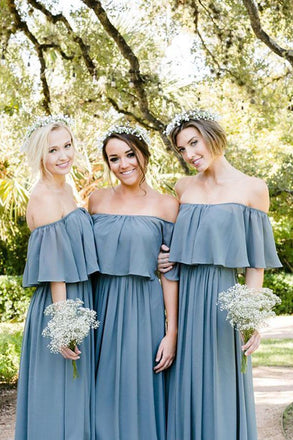 Steel Blue Chiffon Column Off Shoulder Cheap Long Bridesmaid Dresses chb0012