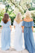 Steel Blue Chiffon Column Off Shoulder Cheap Long Bridesmaid Dresses chb0012