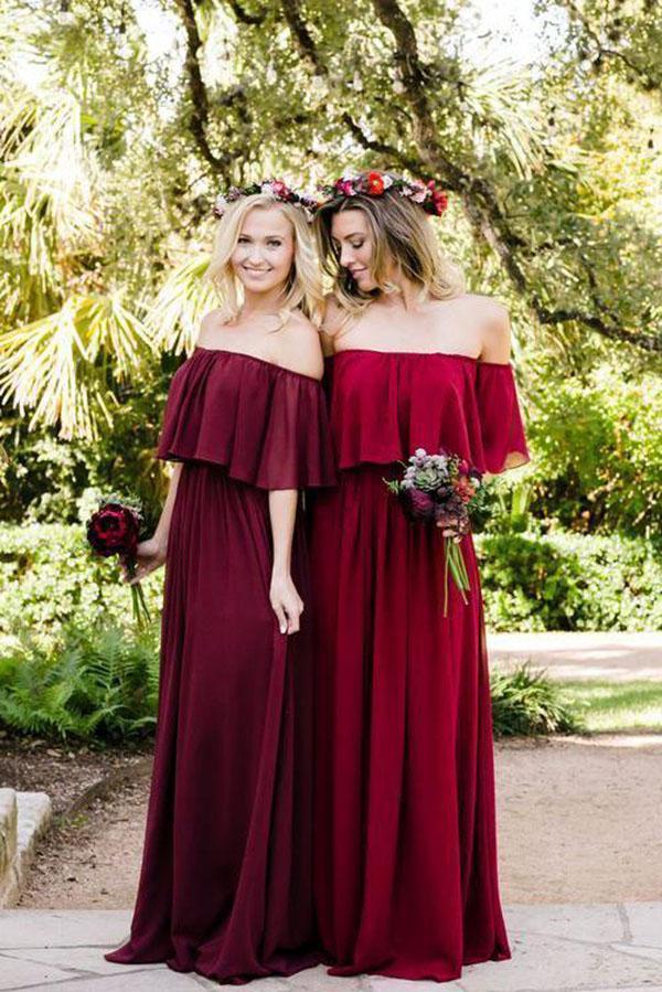 Steel Blue Chiffon Column Off Shoulder Cheap Long Bridesmaid Dresses chb0012