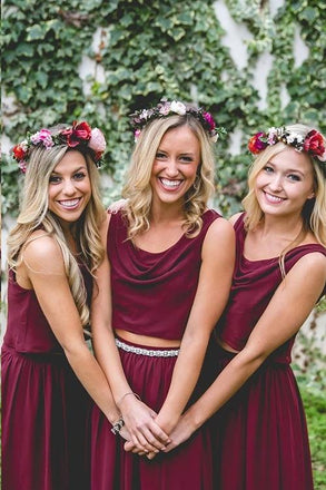 Maroon Chiffon Two Piece Bohemia A Line Long Bridesmaid Dresses chb0010