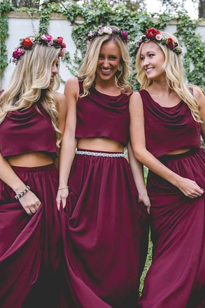 Maroon Chiffon Two Piece Bohemia A Line Long Bridesmaid Dresses chb0010