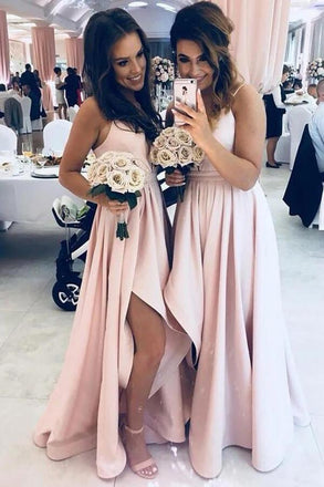 Simple Light Pink Spaghetti Straps Long Bridesmaid Dresses With Slit chb0011