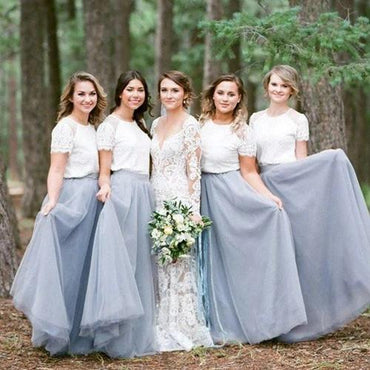 Cheap Light Grey Tulle Short Sleeves Bridesmaid Dresses,Wedding Party Dresses chb0021