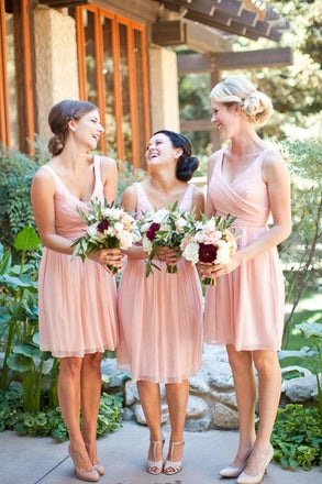 Simple A-line Pink V-neck Chiffon Short Bridesmaid Dresses, Wedding Party Dress chb0020
