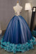 Blue Ball Gown V Neck Sleeveless Appliqued Tulle Prom Dress, Hot Quinceanera Dresses UQ2538