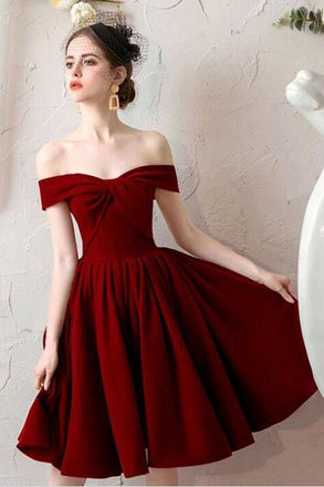 Burgundy Off the Shoulder Pleated Homecoming Dress, Knee Length Graduation Dresses UQ2191