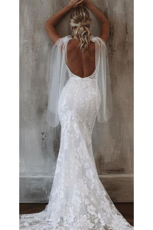 Deep V Neck Bohemian Mermaid Lace Wedding Dress Long Bridal Gown CHW0139