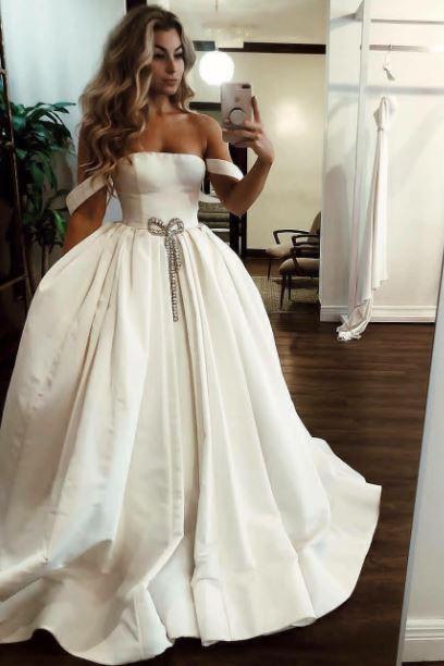 Puffy Off the Shoulder Satin Long Wedding Dresses with Pockets, Simple Bridal Dress UQ2095