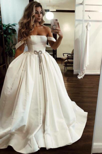 Puffy Off the Shoulder Satin Long Wedding Dresses with Pockets, Simple –  cherishgirls
