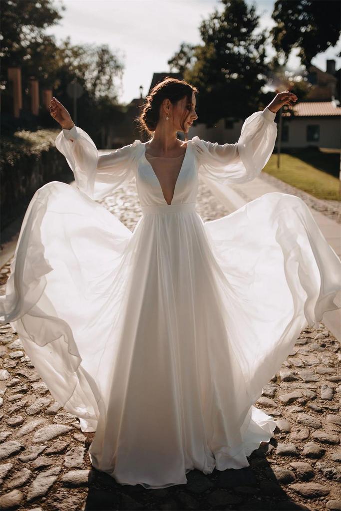 Simple Chiffon V Back Wedding Gown, Aesthetic Long Puffy Sleeves Beach Wedding Dress CHW0127