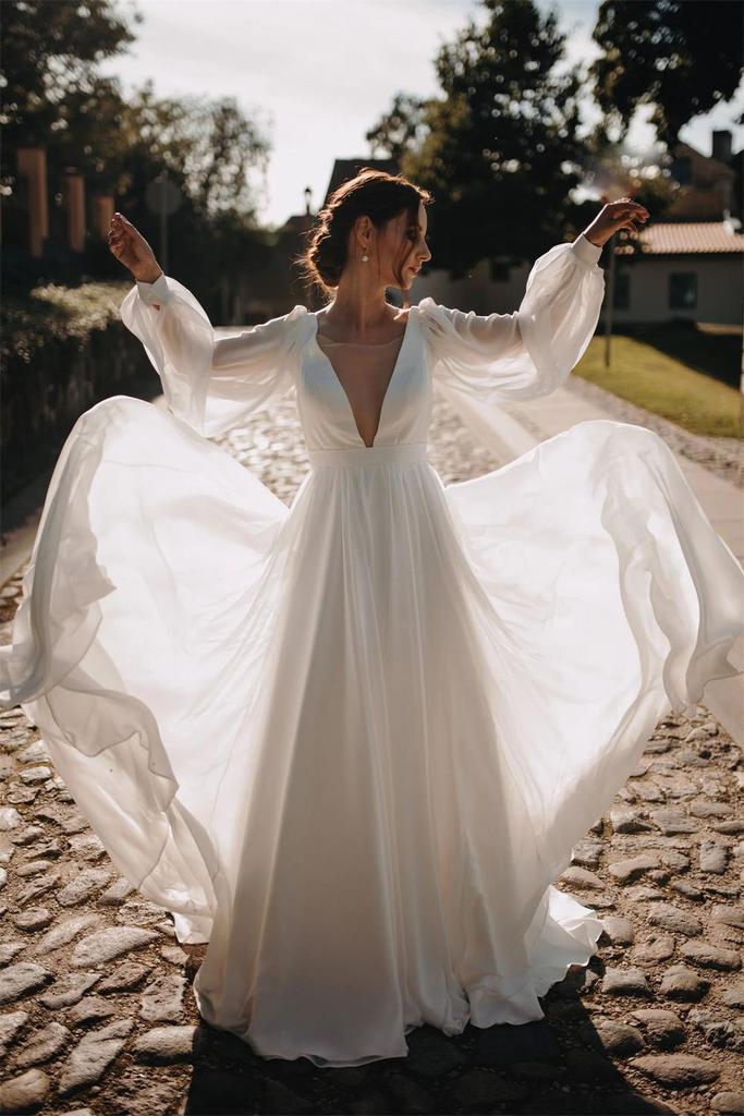 Simple Chiffon V Back Wedding Gown, Aesthetic Long Puffy Sleeves Beach Wedding Dress CHW0127
