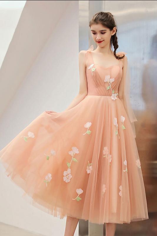 Tea Length Unique Graduation Dress with Appliques, A Line Tulle Homeco –  cherishgirls