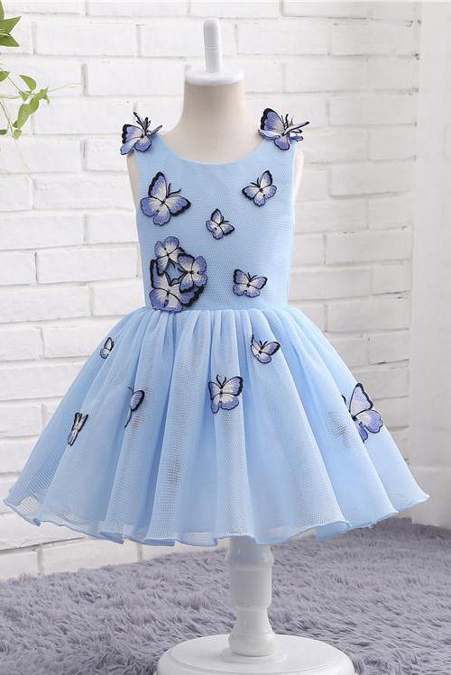 Light Blue Baby Girls Clothes Butterfly Appliques Puffy Flower Girl Dresses F057