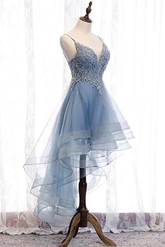 Blue High Low Spaghetti Straps Tulle Homecoming Dresses with Appliques, Party Dress UQ2143