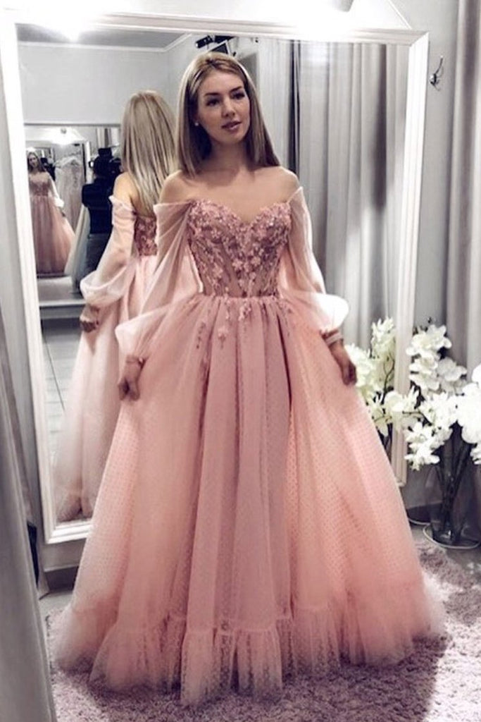 Blush Pink Prom Dresses With Long Sleeves, A Line Elegant Evening Dres – cherishgirls