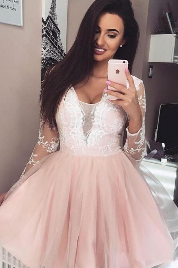 Blush Pink Short Prom Dresses Lace Tulle Long Sleeve Short Homecoming Dress UQ1865