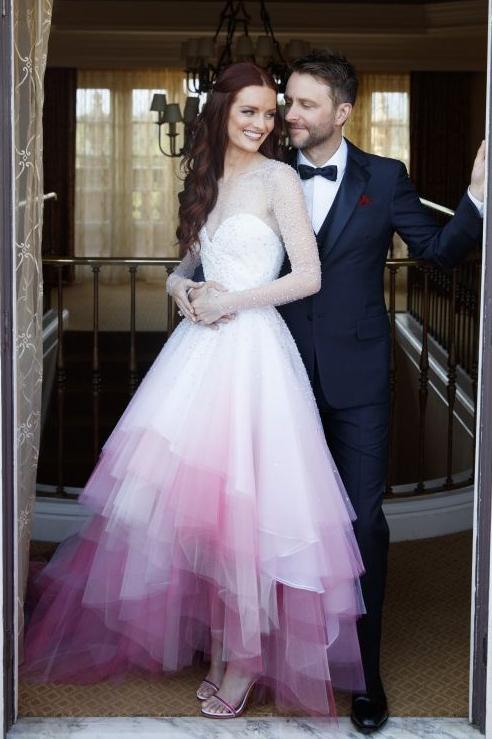 A-line Colorful Pink and White Long Sleeves Sheer Long Wedding Dress chw0002 A-line Colorful Pink and White Long Sleeves Sheer Long Wedding Dress chw0002