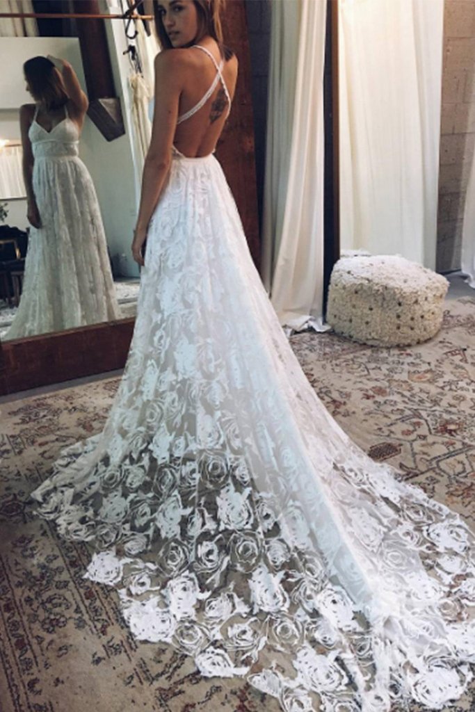 A Line Straps Long Split V Neck Sleeveless Lace Beach Wedding Dress chw0006