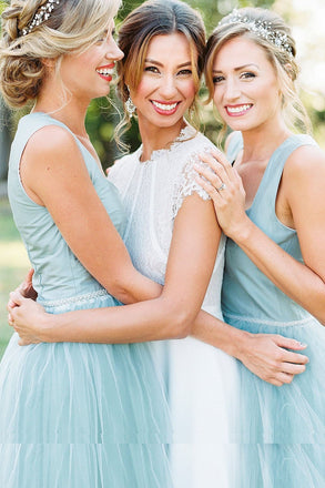 Chic Straps Hi-Lo Asymmetrical Mint Green Tulle Bridesmaid Dresses chb0008