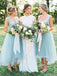 Chic Straps Hi-Lo Asymmetrical Mint Green Tulle Bridesmaid Dresses chb0008