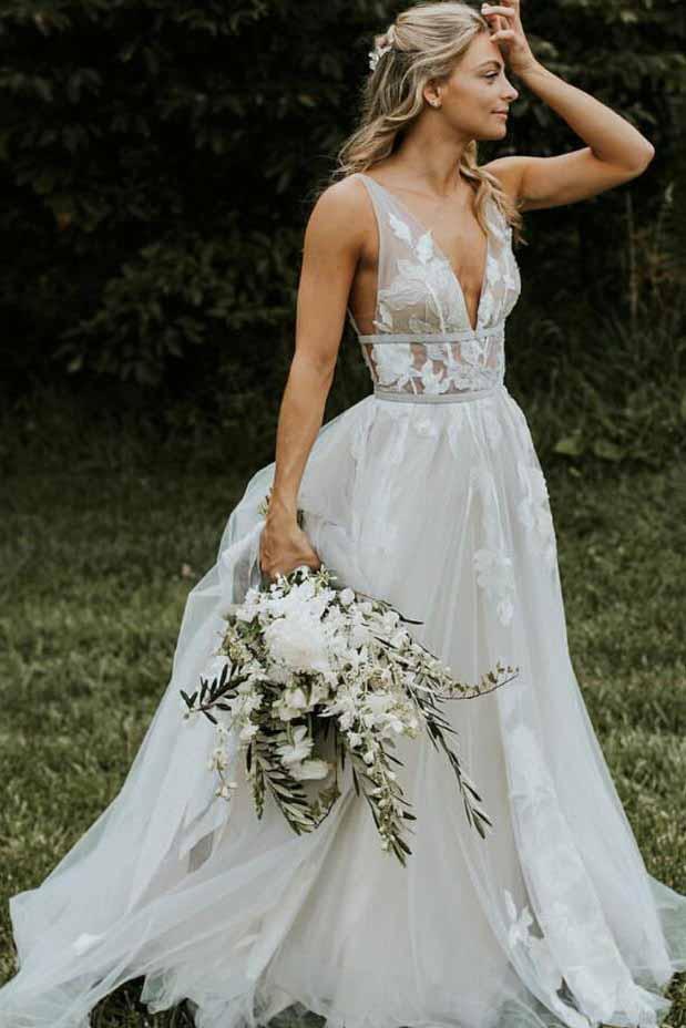 Chic A-Line V Neck Lace Sleeveless V Back Beach Wedding Dresses with A cherishgirls Chic A-Line V Neck Lace Sleeveless V Back Beach Wedding Dresses with A cherishgirls