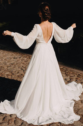 Simple Chiffon V Back Wedding Gown, Aesthetic Long Puffy Sleeves Beach Wedding Dress CHW0127
