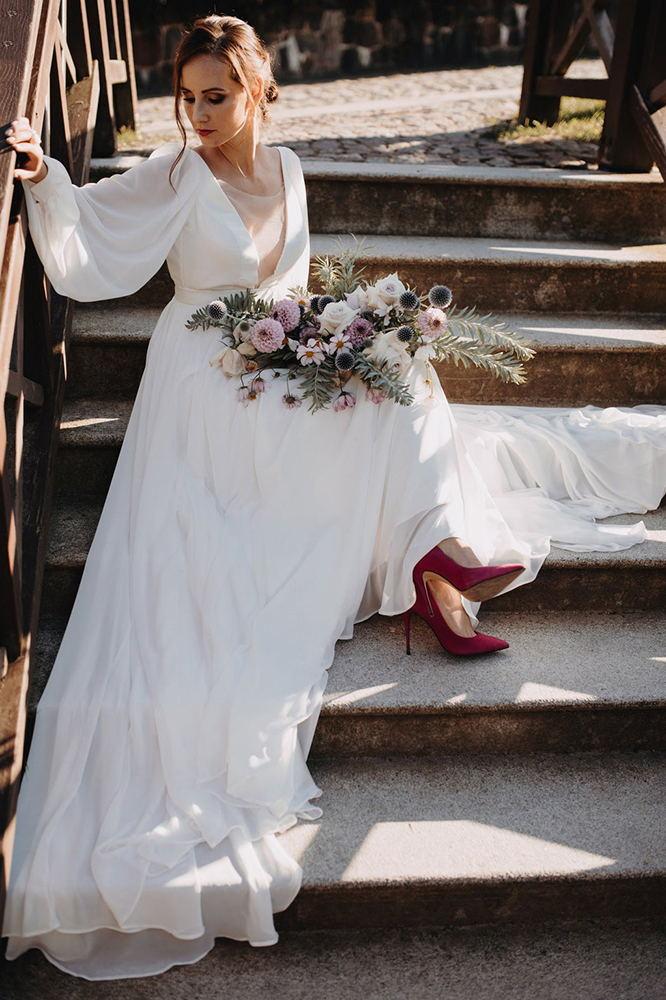 Simple Chiffon V Back Wedding Gown, Aesthetic Long Puffy Sleeves Beach Wedding Dress CHW0127