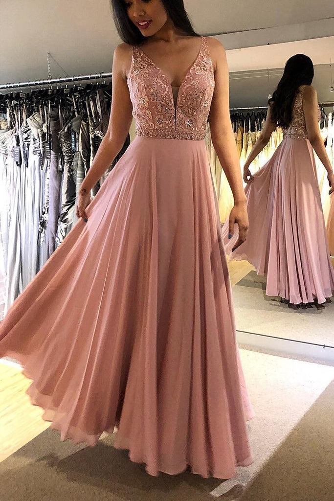 Blush V Neck Sleeveless Floor Length Prom Dresses, Sparkly Chiffon Long Formal Dress N1739