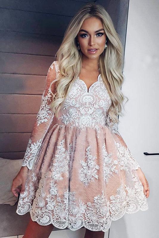 Cute A-Line V-neck Long Sleeves Short Homecoming Dress with Lace Appli cherishgirls Cute A-Line V-neck Long Sleeves Short Homecoming Dress with Lace Appli cherishgirls