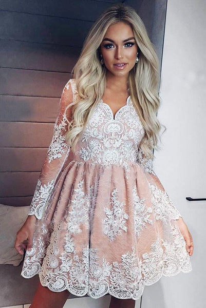 Cute A-Line V-neck Long Sleeves Short Homecoming Dress with Lace Appli –  cherishgirls