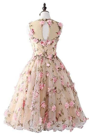 Cute Knee Length Sleeveless Lace Homecoming Dress with Flowers, Short Prom Dress UQ1967