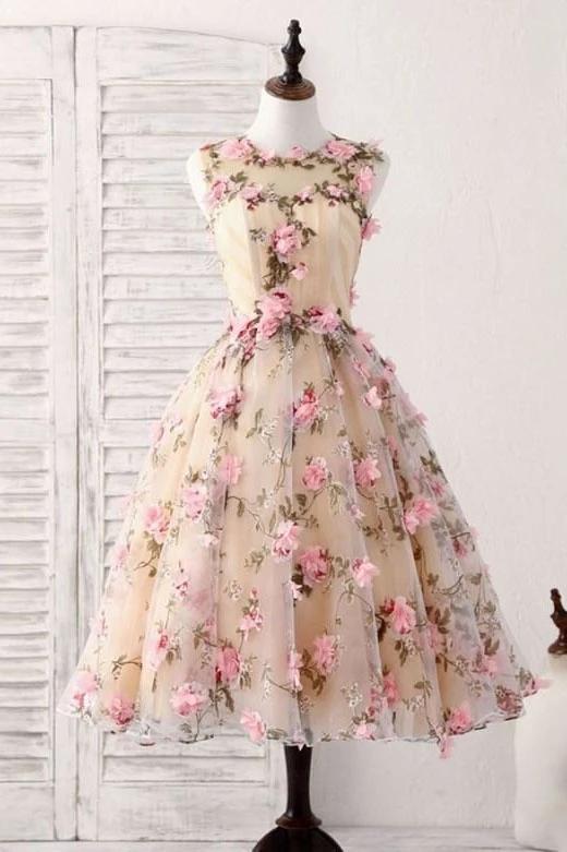 Cute Knee Length Sleeveless Lace Homecoming Dress with Flowers, Short Prom Dress N1967