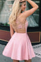 Unique Pink Satin Homecoming Dress with Beads, Sexy Sleeveless Junior Above Knee Dress UQ1871