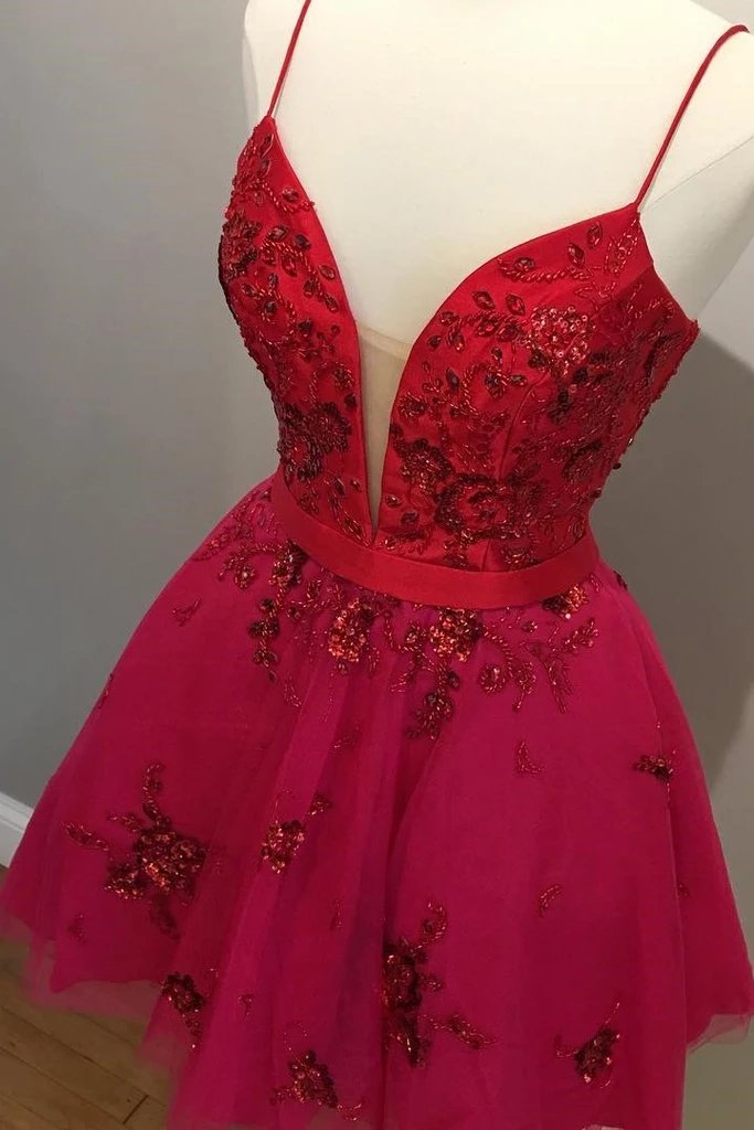 Red Spaghetti Straps V Neck Tulle Beaded Short Prom Dresses, Homecoming Dresses UQ1984