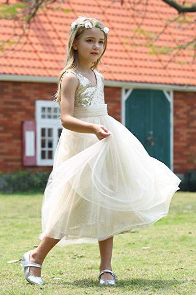 Cute V Neck Sequins Empire Tulle Sleeveless Flower Girl Dresses Child Dresses UF066