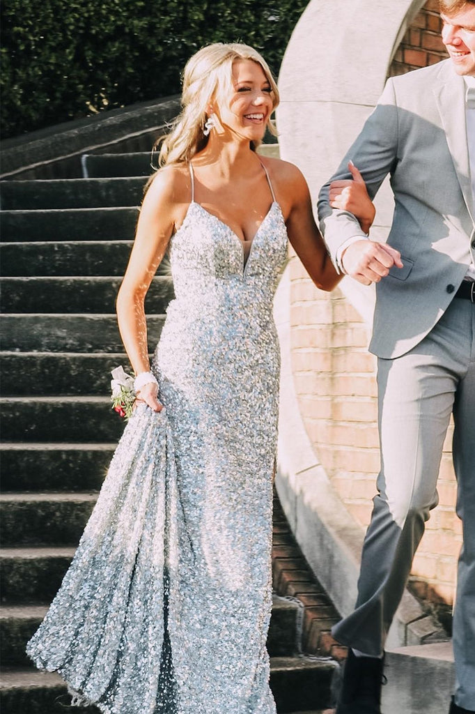 Silver Sequin Spaghetti Straps Mermaid Long Prom Dresses, Backless Eve cherishgirls Silver Sequin Spaghetti Straps Mermaid Long Prom Dresses, Backless Eve cherishgirls