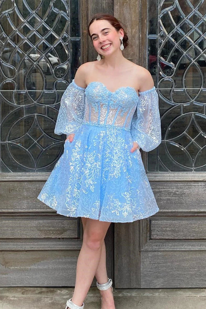 Sparkly Detachable Sleeve Homecoming Dress, Short Prom Dresses Mini Prom Gown CHH0125