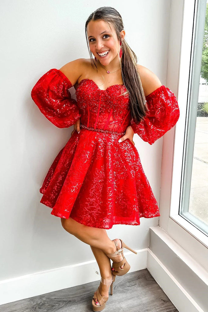 Sparkly Detachable Sleeve Homecoming Dress, Short Prom Dresses Mini Prom Gown CHH0125