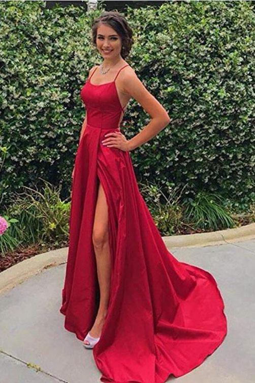 Spaghetti Strap Simple Prom Dress with Side Slit, Sexy Long Bridesmaid Dresses chb0002