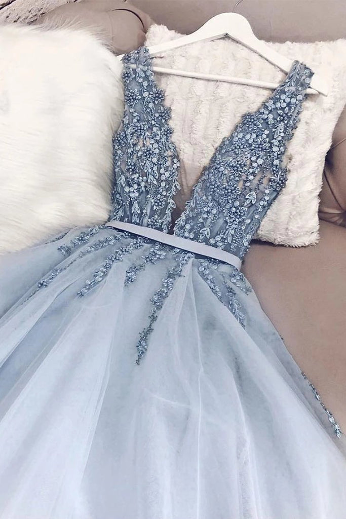 Blue V Neck Tulle Beading Long Prom Dress, Gorgeous Backless Long Even cherishgirls Blue V Neck Tulle Beading Long Prom Dress, Gorgeous Backless Long Even cherishgirls