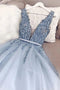 Blue V Neck Tulle Beading Long Prom Dress, Gorgeous Backless Long Evening Dresses UQ2041