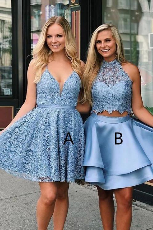 Blue Sleeveless Short Lace Graduation Dresses, Two Piece Satin Homecoming Dress with Lace UQ2099 Blue Sleeveless Short Lace Graduation Dresses, Two Piece Satin Homecoming Dress with Lace UQ2099