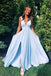 Deep V Neck Light Blue Long Prom Dresses, Simple Flowy Bridesmaid Dresses UQ2069