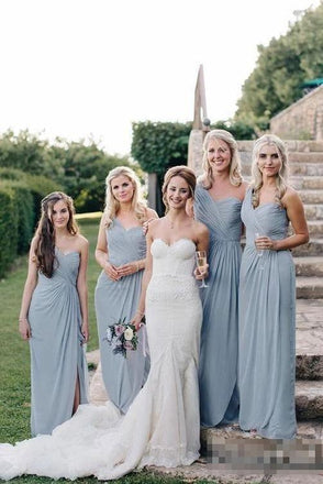 Flowy Long one Shoulder Cheap Dusty Blue Chiffon Bridesmaid Dresses with Slit UQ2073