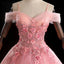 Pink Ball Gown Off Shoulder Prom Dress with Flowers, Floor Length Applique Quinceanera Dress UQ2411