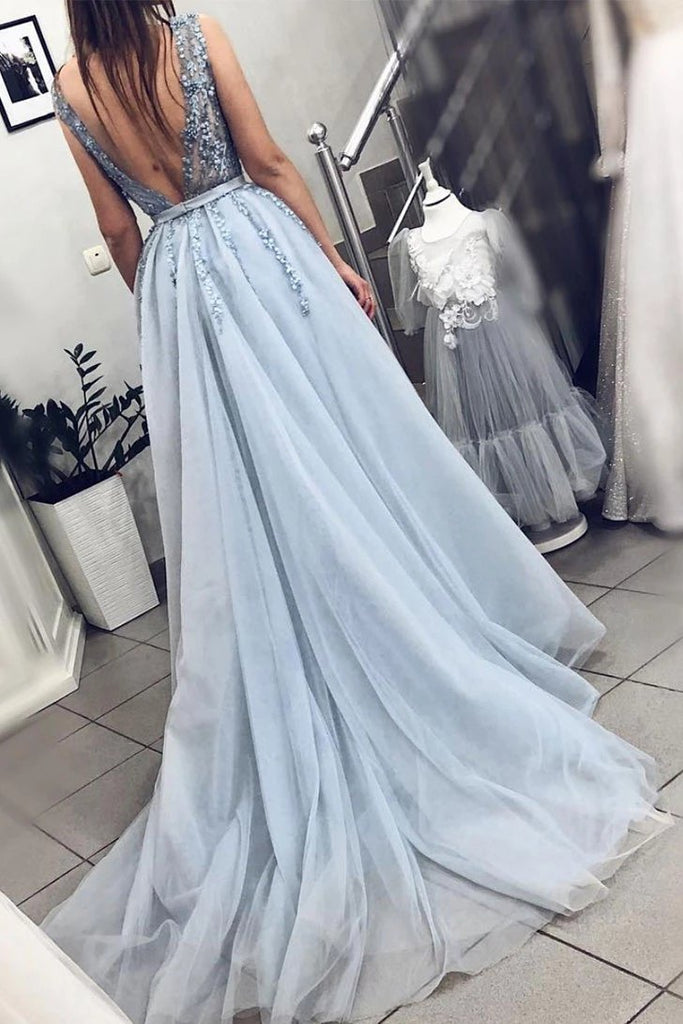 Blue V Neck Tulle Beading Long Prom Dress, Gorgeous Backless Long Evening Dresses UQ2041